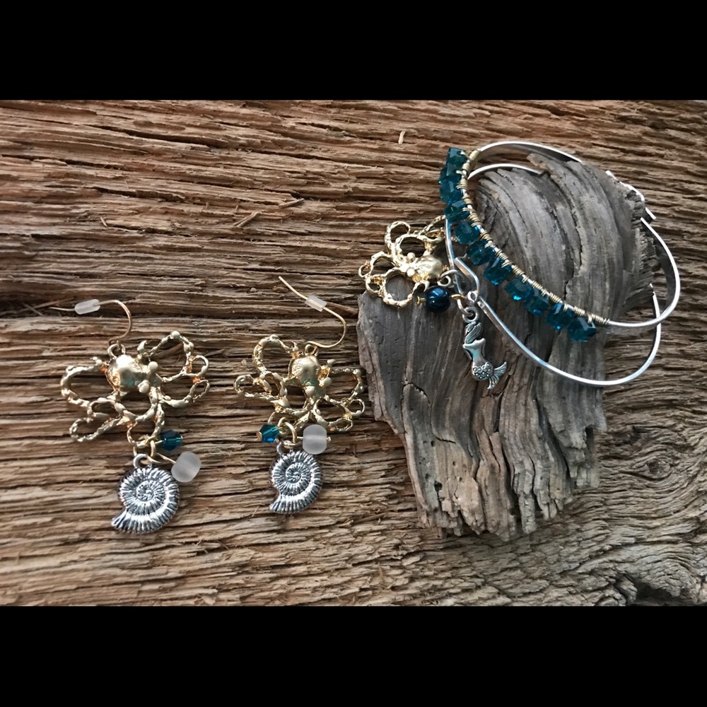 Mermaid bracelet and earrings set, marine life set